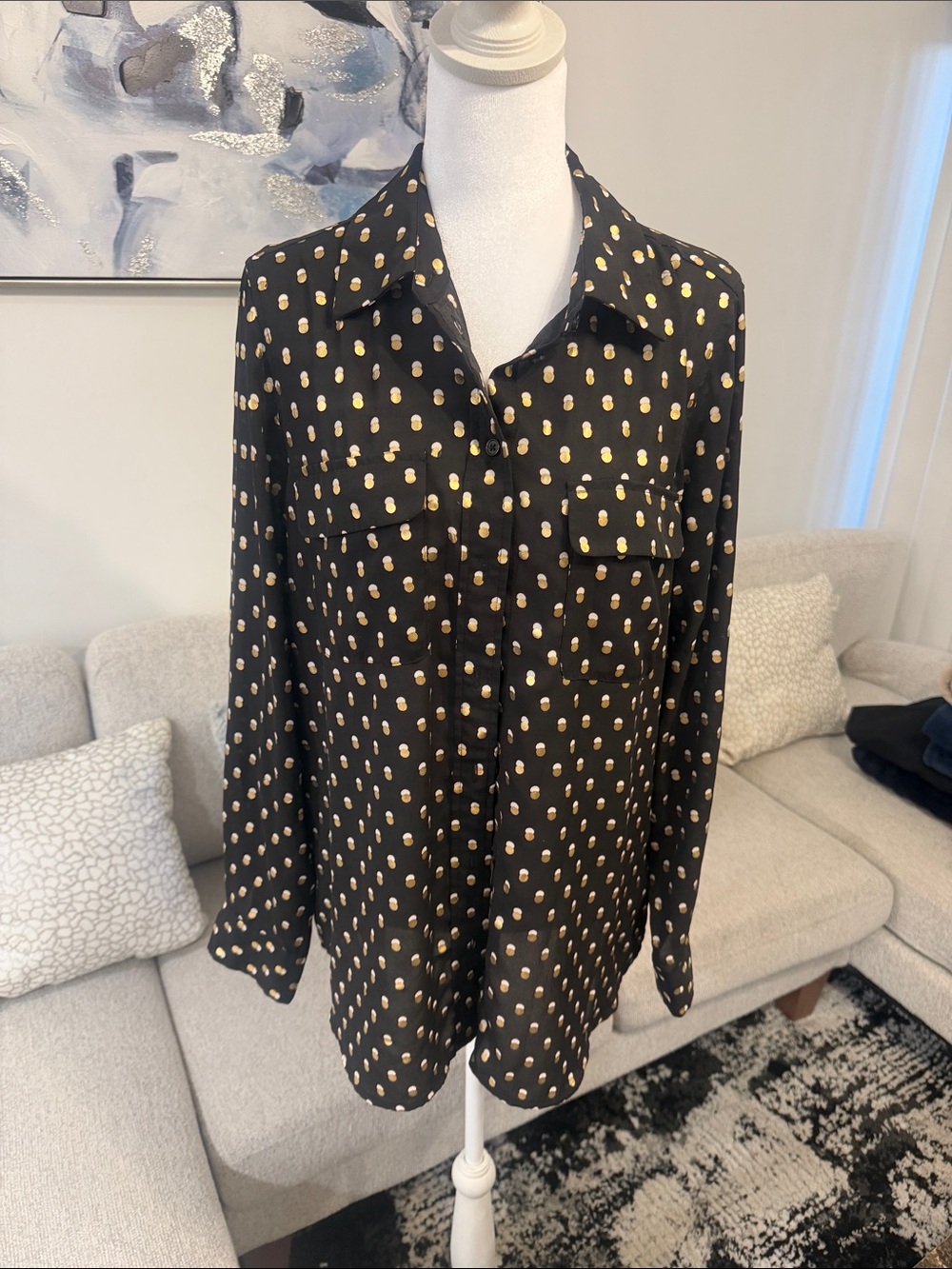 Who What Wear Black Button-Up Blouse with Gold Dot Print